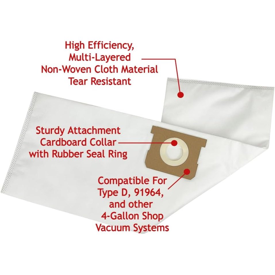 High-Efficiency 4-Gallon Fine Dust Bags, Premium Cloth, Compatible for Shop Vac Type D, 91964, 9196400, 9196433, DeWalt DXVA25-4040, DXV04T, All Around Plus, Stanley, FloorMaster, E87 (Pack of 6)
