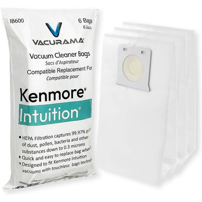 Premium IB600 HEPA Vacuum Bags Compatible for Kenmore Intuition Upright Models BU4022 BU4020 BU4018 BU4050 BU3040, and 521355 for Vacmaster Captura Tear-Resistant, Non-Woven Cloth. (6 Pack)