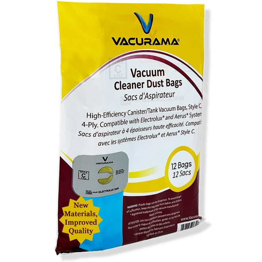 Premium Multi-Layered Electrolux Vacuum Bags Style C - Compatible Replacement Micro-Filtration Dust Bags for Electrolux and Aerus Canister Tank Vacuums - Type C - 12 Pack