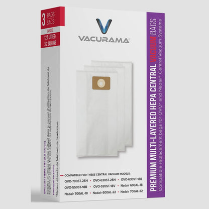 Premium Compatible OVO & Nadair Central Vacuum Bags 12.5L / 3.2 Gal. Triple Layer, Non-Woven HEPA Cloth Filtration Material - Pack of 3