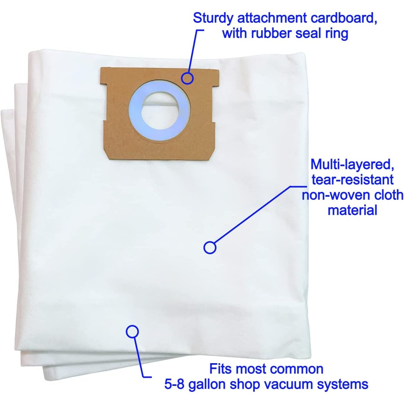 Premium Cloth Shop Vacuum Bags 5-8 Gallon Compatible for Shop-Vac SV 90661, 9066100, Type E, Type H, Craftsman, VacMaster, Stanley, Workshop and other Systems. Pack of 3 Non-Woven Cloth Bags