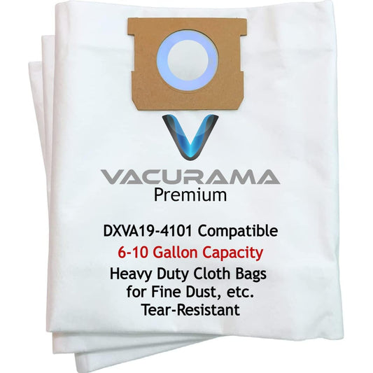 Premium Cloth Shop Vacuum Bags, 6-10 Gallon. Compatible for DEWALT DXVA19-4101, DXVA19-4111, DXV06P DXV09P DXV09PA DXV10P DXV10PL DXV10S DXV10SA DXV10SB, Tear-Resistant, Non-Woven Cloth (3)