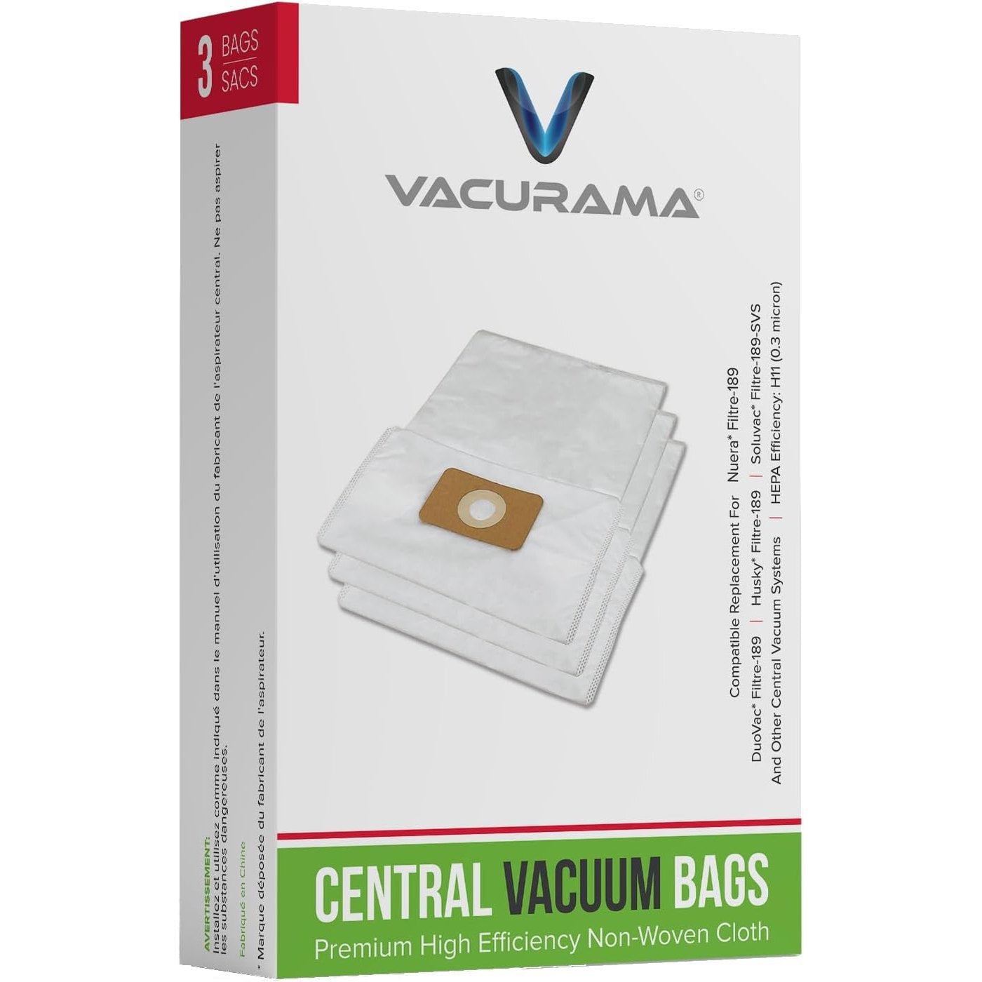 Premium Central Vacuum Bags - Replacement for Nuera Filtre 189, Husky Filtre 189, DuoVac Filtre 189, SoluVac Filtre-189 SVS, And Other CV Systems (3 Bags)