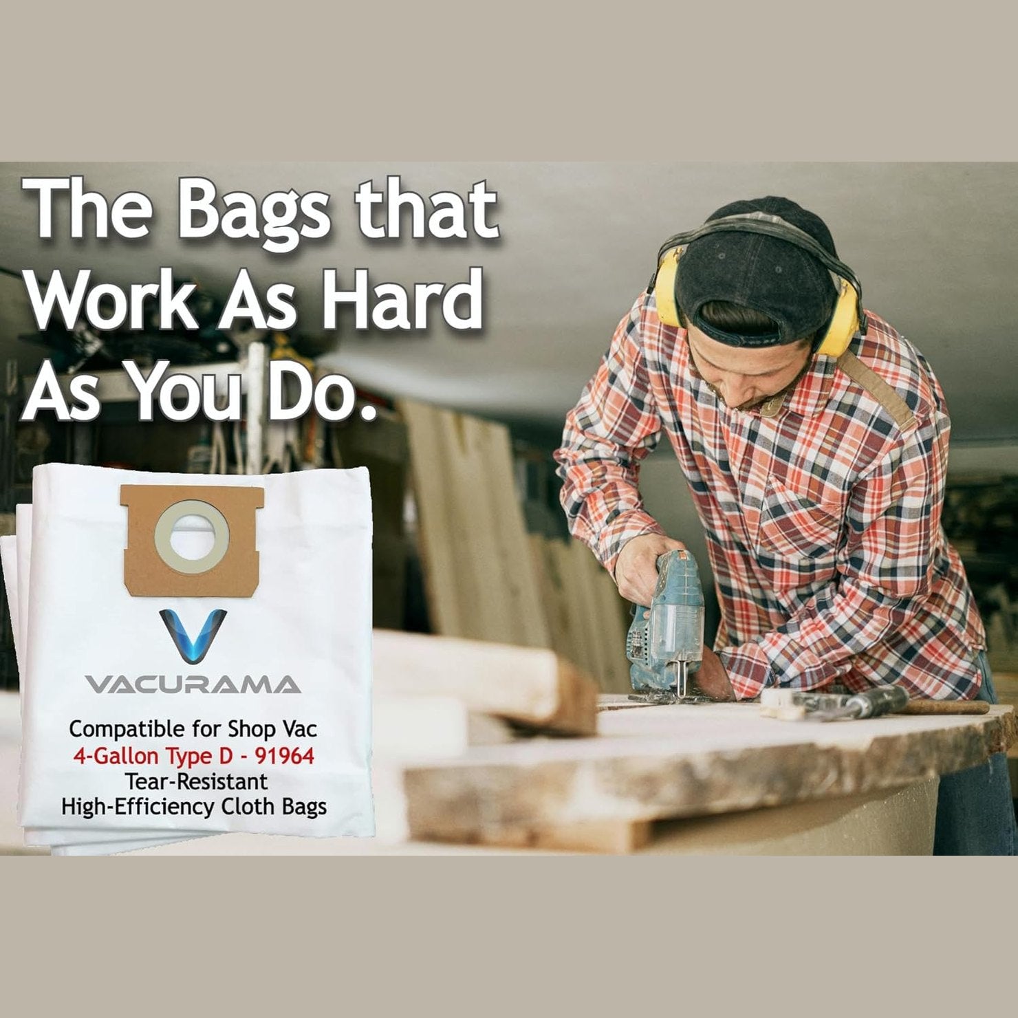 High-Efficiency 4-Gallon Fine Dust Bags, Premium Cloth, Compatible for Shop Vac Type D, 91964, 9196400, 9196433, DeWalt DXVA25-4040, DXV04T, All Around Plus, Stanley, FloorMaster, E87 (Pack of 6)